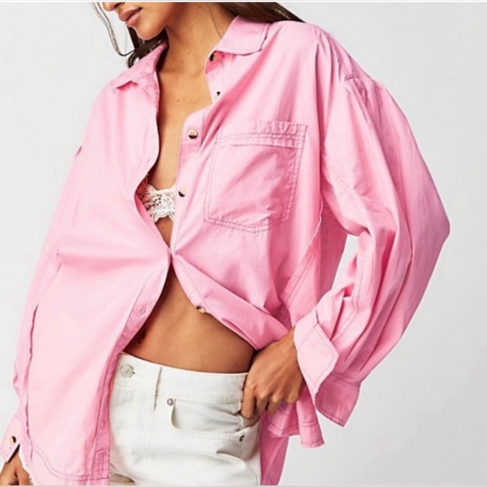 We the free oversized strawberry cream button down size L